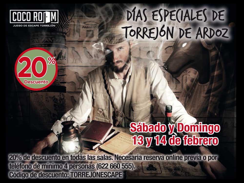 Este sábado 13 y el domingo 14 de febrero finalizan los Días Especiales de Torrejón de Ardoz en Coco Room, con un 20% de descuento en todas las salas 
