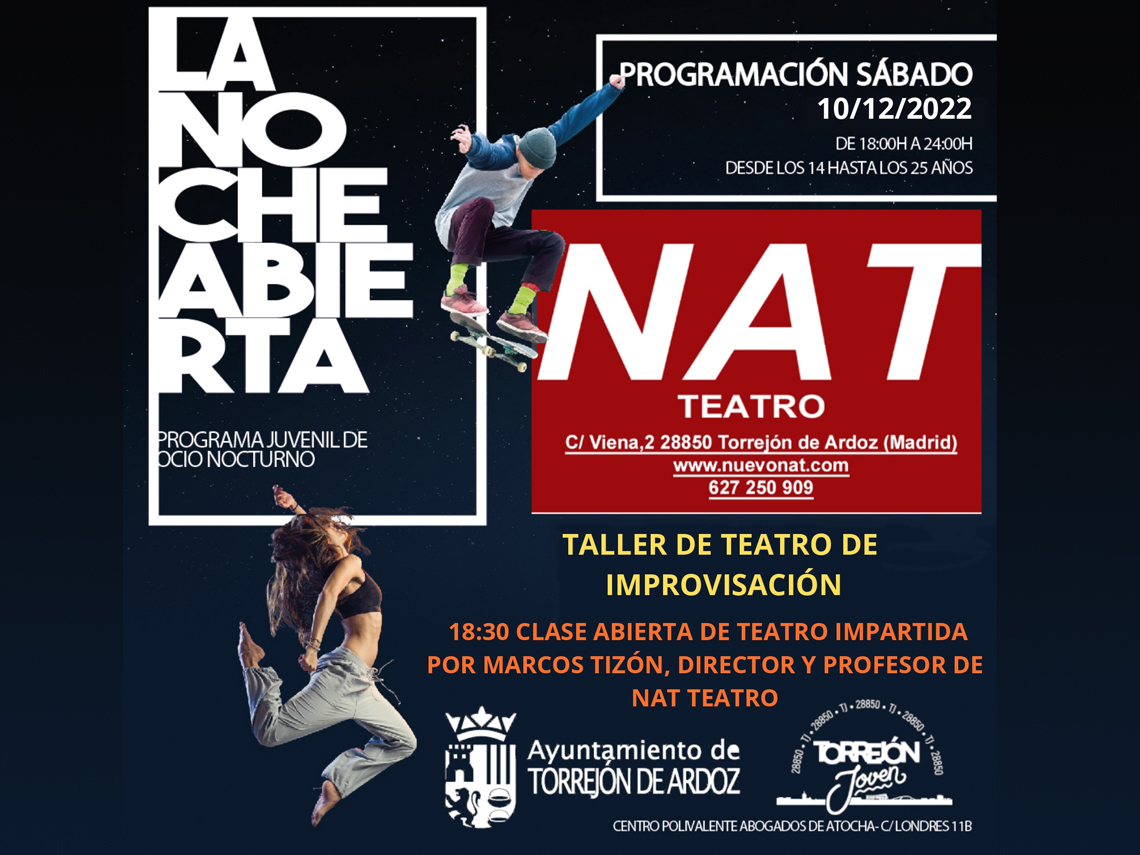 Mañana sábado, 10 de diciembre, continúa la programación de “La Noche Abierta” con un taller de teatro de improvisación, entre otras actividades 